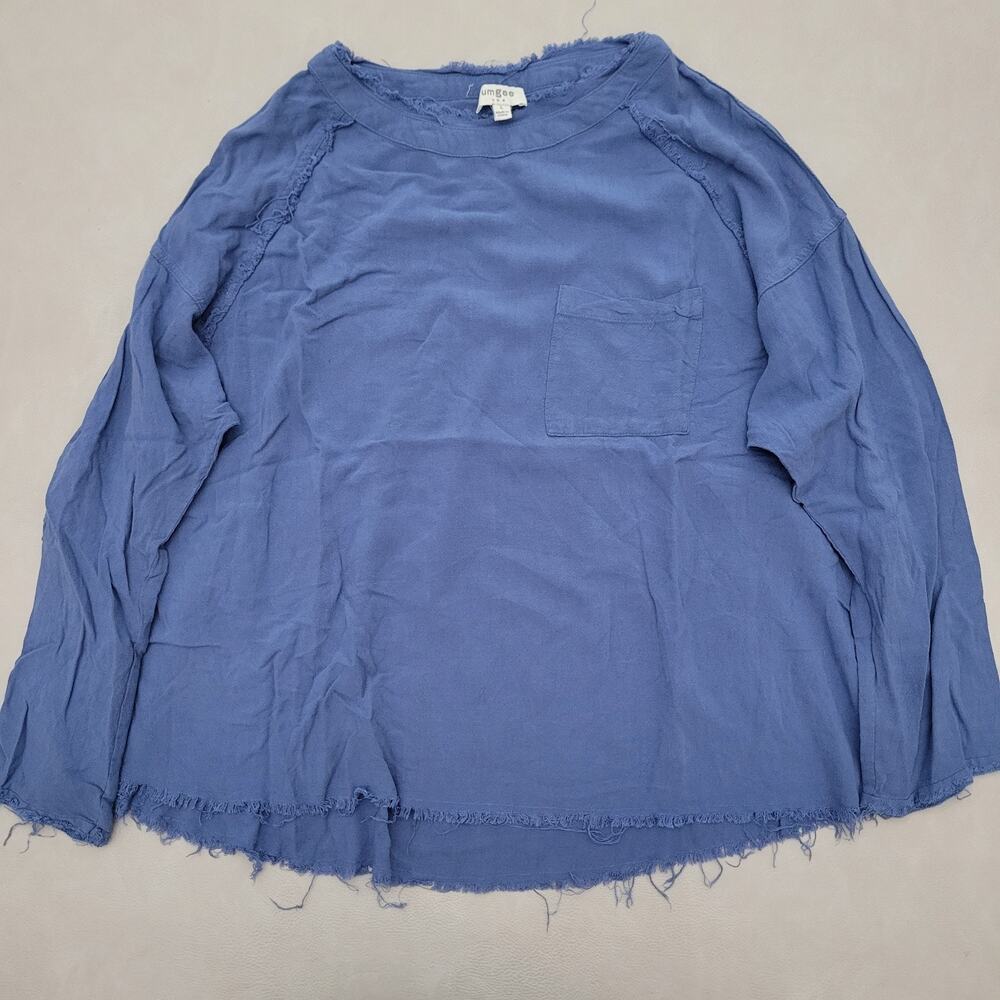 Umgee Linen Cotton Blend Top Tunic 3/4 Sleeve Raw Hem Split Side Blue Size Lg